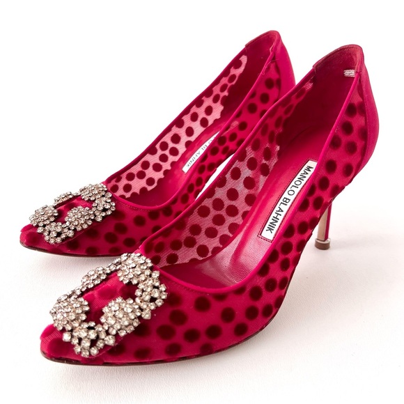 Manolo Blahnik Shoes - MANOLO BLAHNIK || Red Silk Polka Dot Hangisi Jewel Buckle Embellished Pumps 36